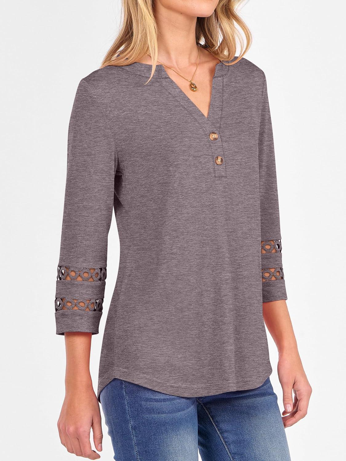 imageANRABESS Womens 34 Length Lace Sleeve Tops Henley V Neck Shirts Dressy Casual Business Blouses 2025 Fall TShirts OutfitsTaupe