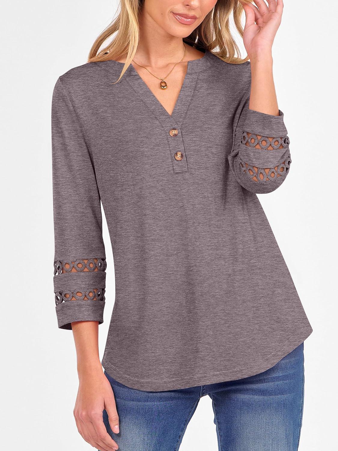 imageANRABESS Womens 34 Length Lace Sleeve Tops Henley V Neck Shirts Dressy Casual Business Blouses 2025 Fall TShirts OutfitsTaupe