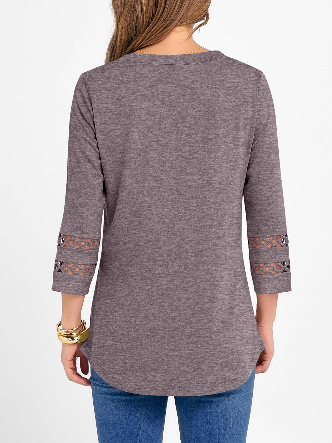 imageANRABESS Womens 34 Length Lace Sleeve Tops Henley V Neck Shirts Dressy Casual Business Blouses 2025 Fall TShirts OutfitsTaupe