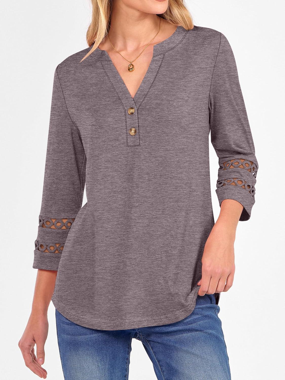imageANRABESS Womens 34 Length Lace Sleeve Tops Henley V Neck Shirts Dressy Casual Business Blouses 2025 Fall TShirts OutfitsTaupe