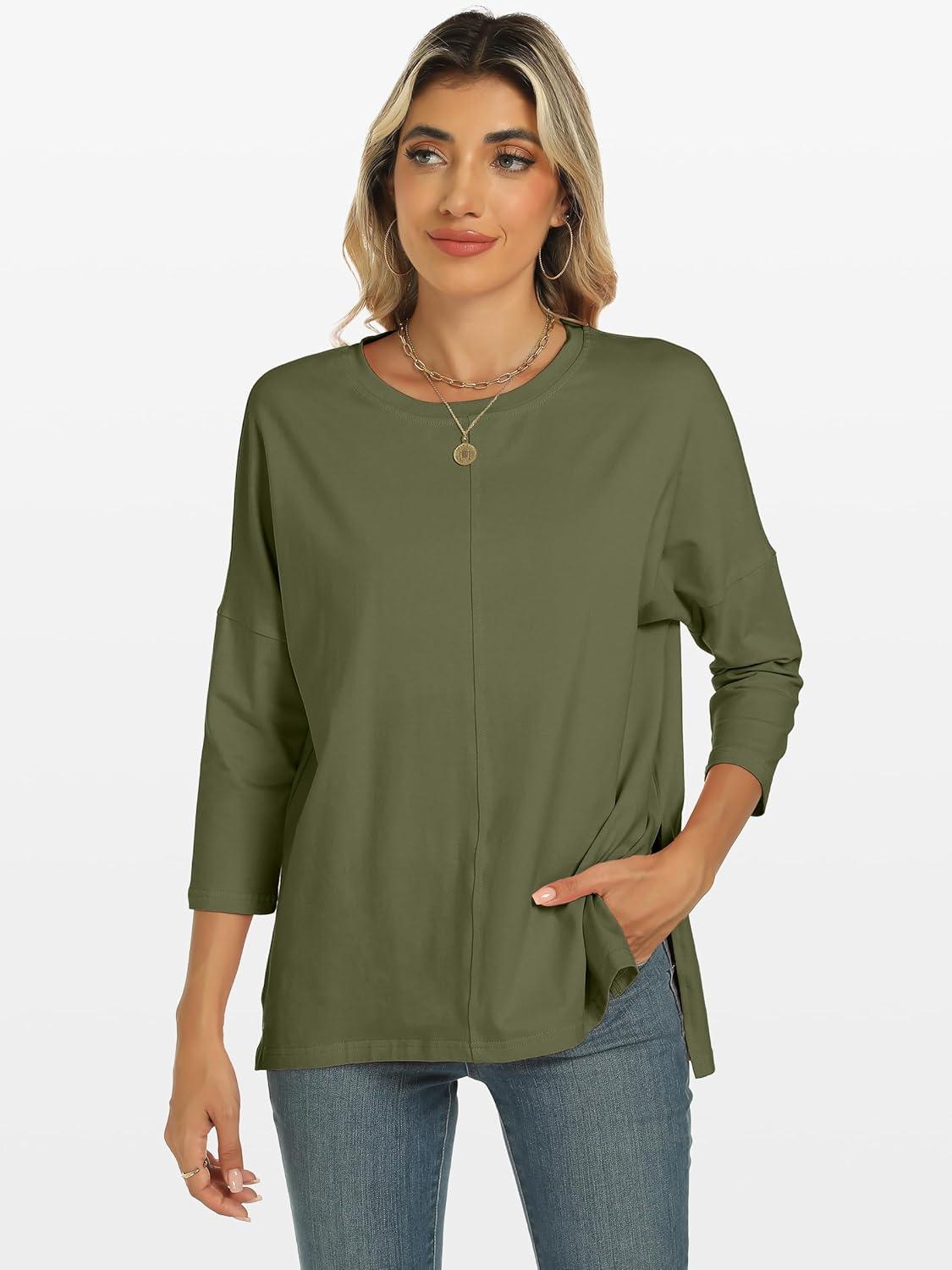 imageANRABESS Womens 34 Length Sleeve Tops Loose Fit Tunic Shirts Oversized Spring Summer Casual Crew Neck Basic Boxy TeeArmy Green