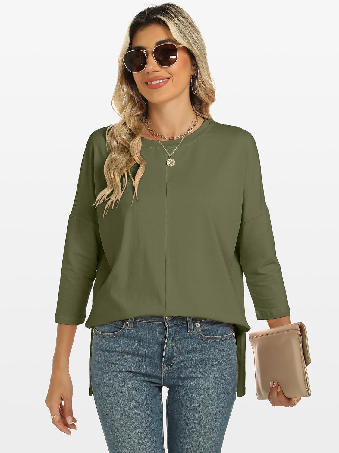 imageANRABESS Womens 34 Length Sleeve Tops Loose Fit Tunic Shirts Oversized Spring Summer Casual Crew Neck Basic Boxy TeeArmy Green