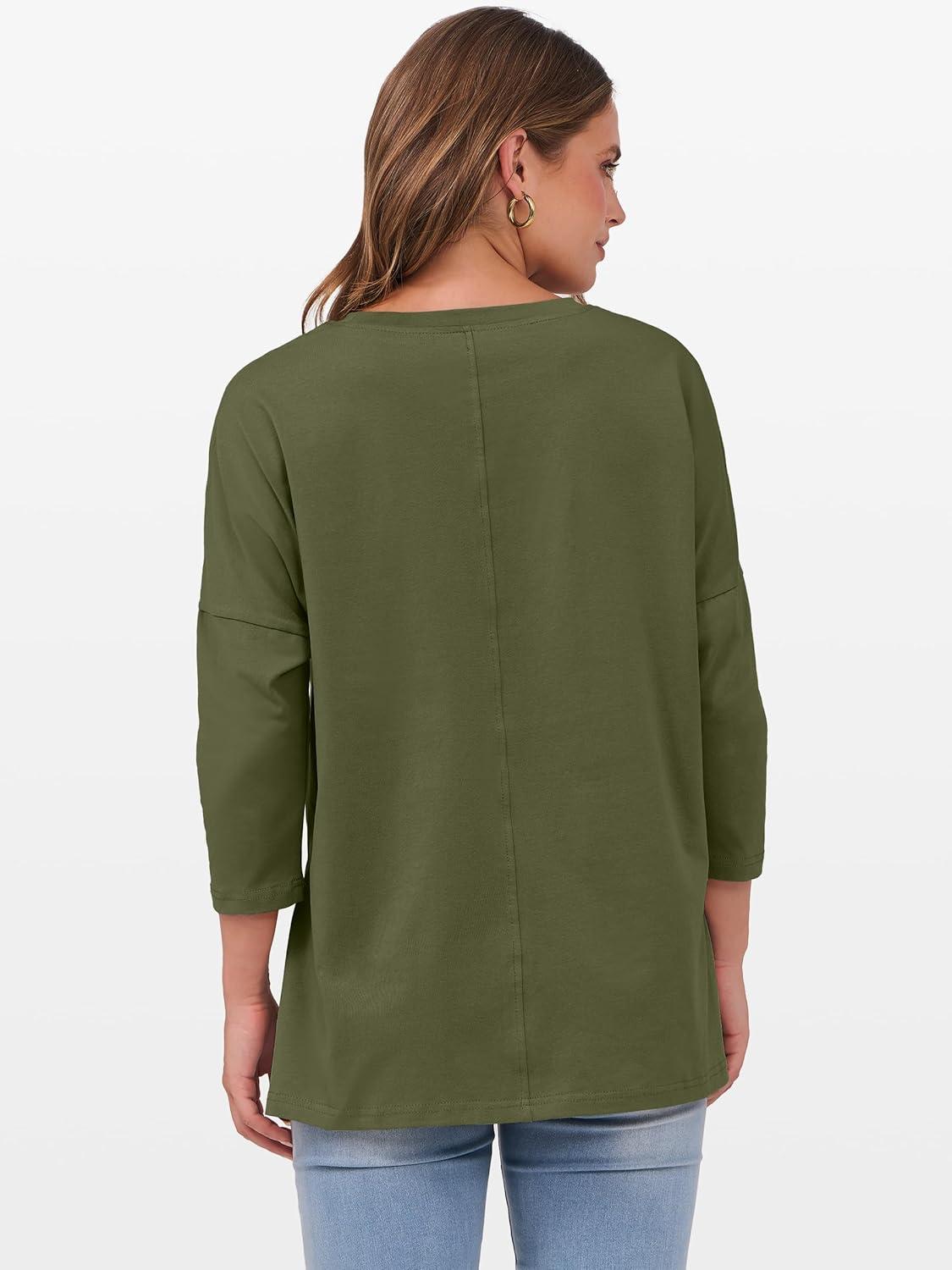 imageANRABESS Womens 34 Length Sleeve Tops Loose Fit Tunic Shirts Oversized Spring Summer Casual Crew Neck Basic Boxy TeeArmy Green