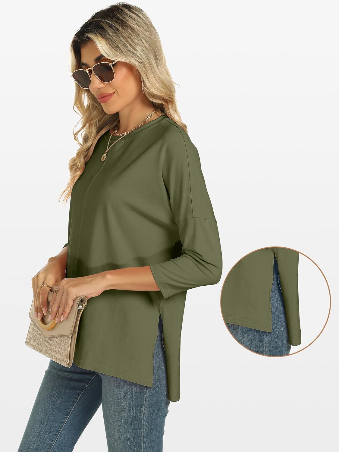 imageANRABESS Womens 34 Length Sleeve Tops Loose Fit Tunic Shirts Oversized Spring Summer Casual Crew Neck Basic Boxy TeeArmy Green