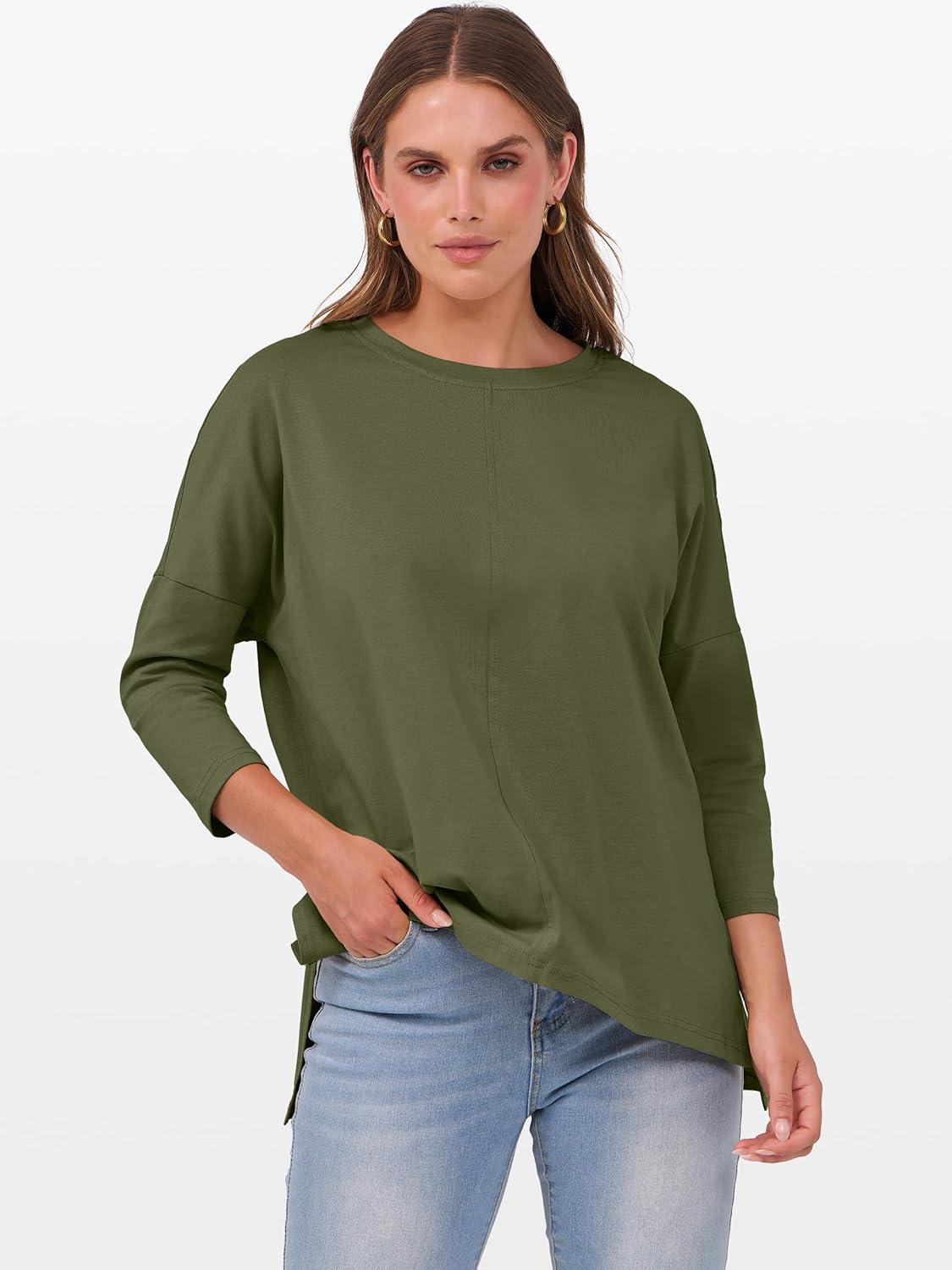 imageANRABESS Womens 34 Length Sleeve Tops Loose Fit Tunic Shirts Oversized Spring Summer Casual Crew Neck Basic Boxy TeeArmy Green