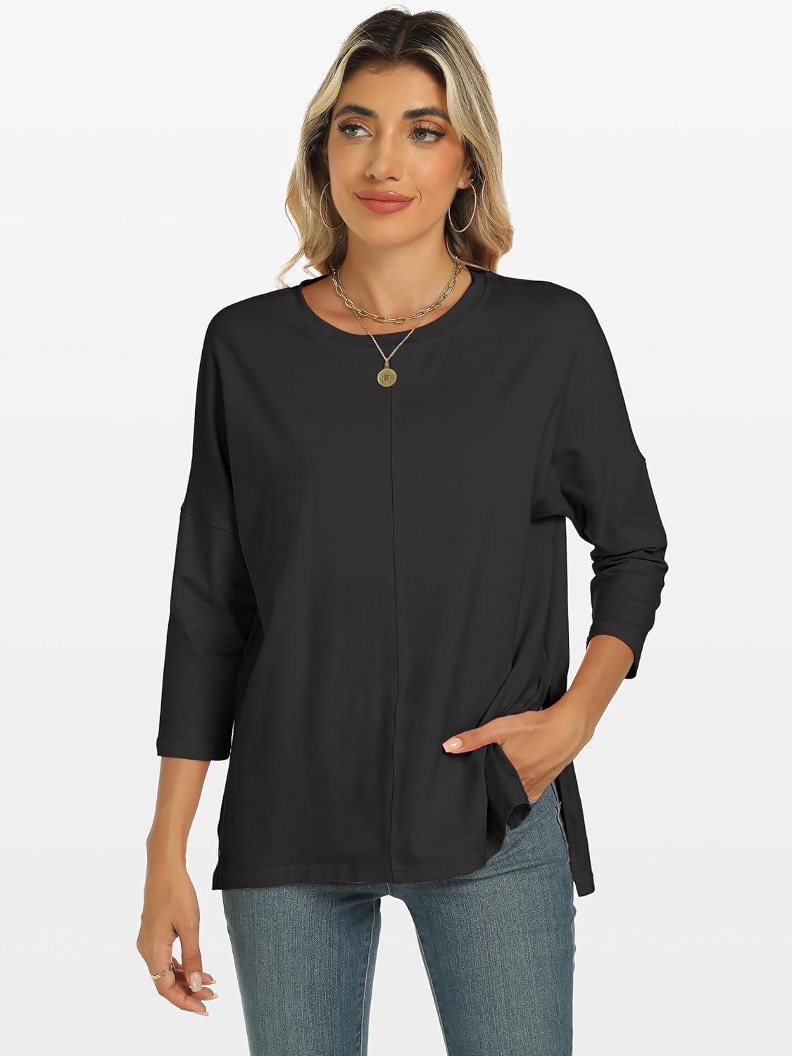 imageANRABESS Womens 34 Length Sleeve Tops Loose Fit Tunic Shirts Oversized Spring Summer Casual Crew Neck Basic Boxy TeeBlack