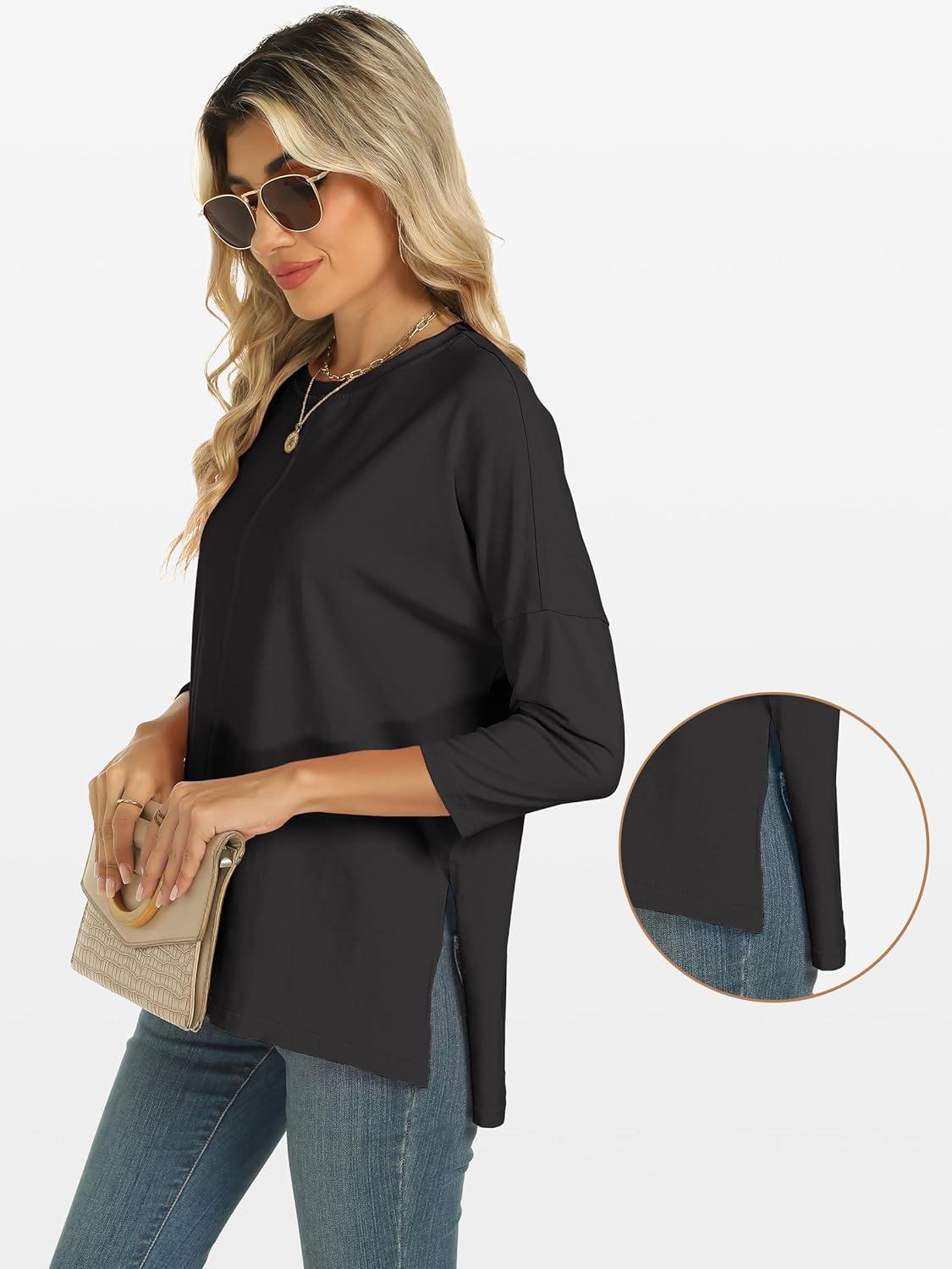 imageANRABESS Womens 34 Length Sleeve Tops Loose Fit Tunic Shirts Oversized Spring Summer Casual Crew Neck Basic Boxy TeeBlack