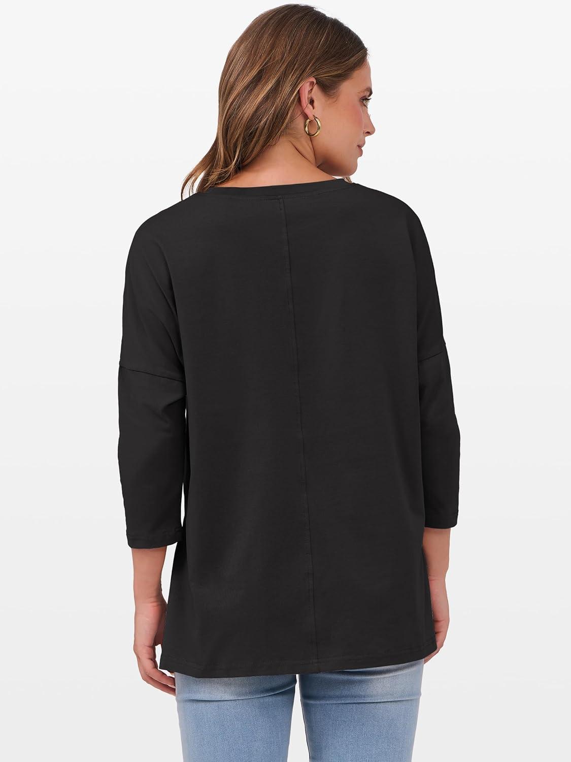 imageANRABESS Womens 34 Length Sleeve Tops Loose Fit Tunic Shirts Oversized Spring Summer Casual Crew Neck Basic Boxy TeeBlack