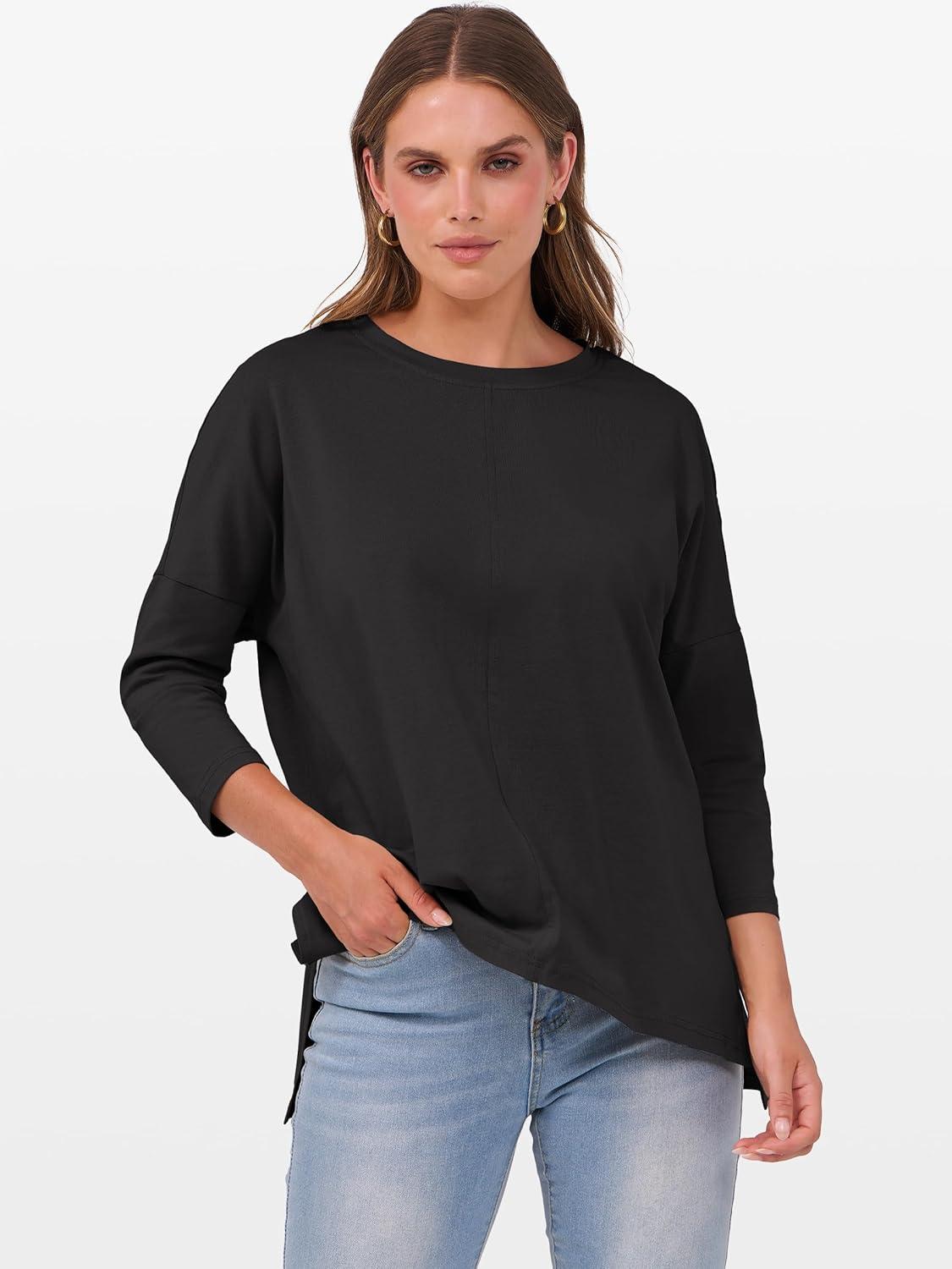imageANRABESS Womens 34 Length Sleeve Tops Loose Fit Tunic Shirts Oversized Spring Summer Casual Crew Neck Basic Boxy TeeBlack