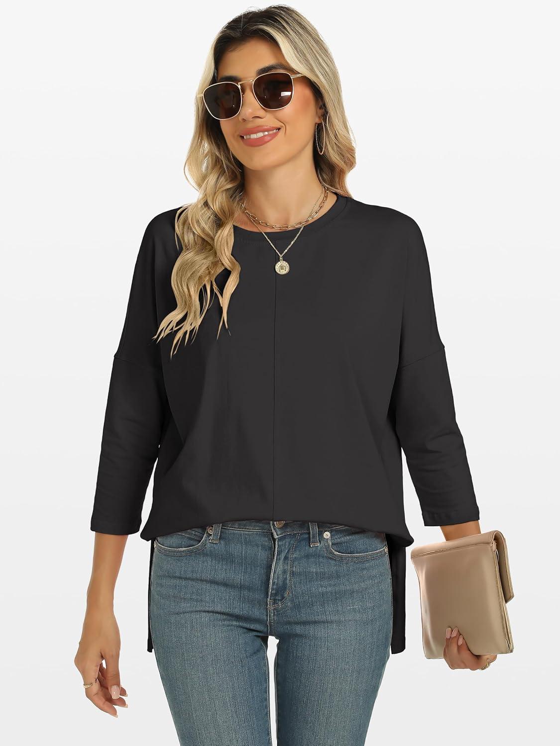 imageANRABESS Womens 34 Length Sleeve Tops Loose Fit Tunic Shirts Oversized Spring Summer Casual Crew Neck Basic Boxy TeeBlack