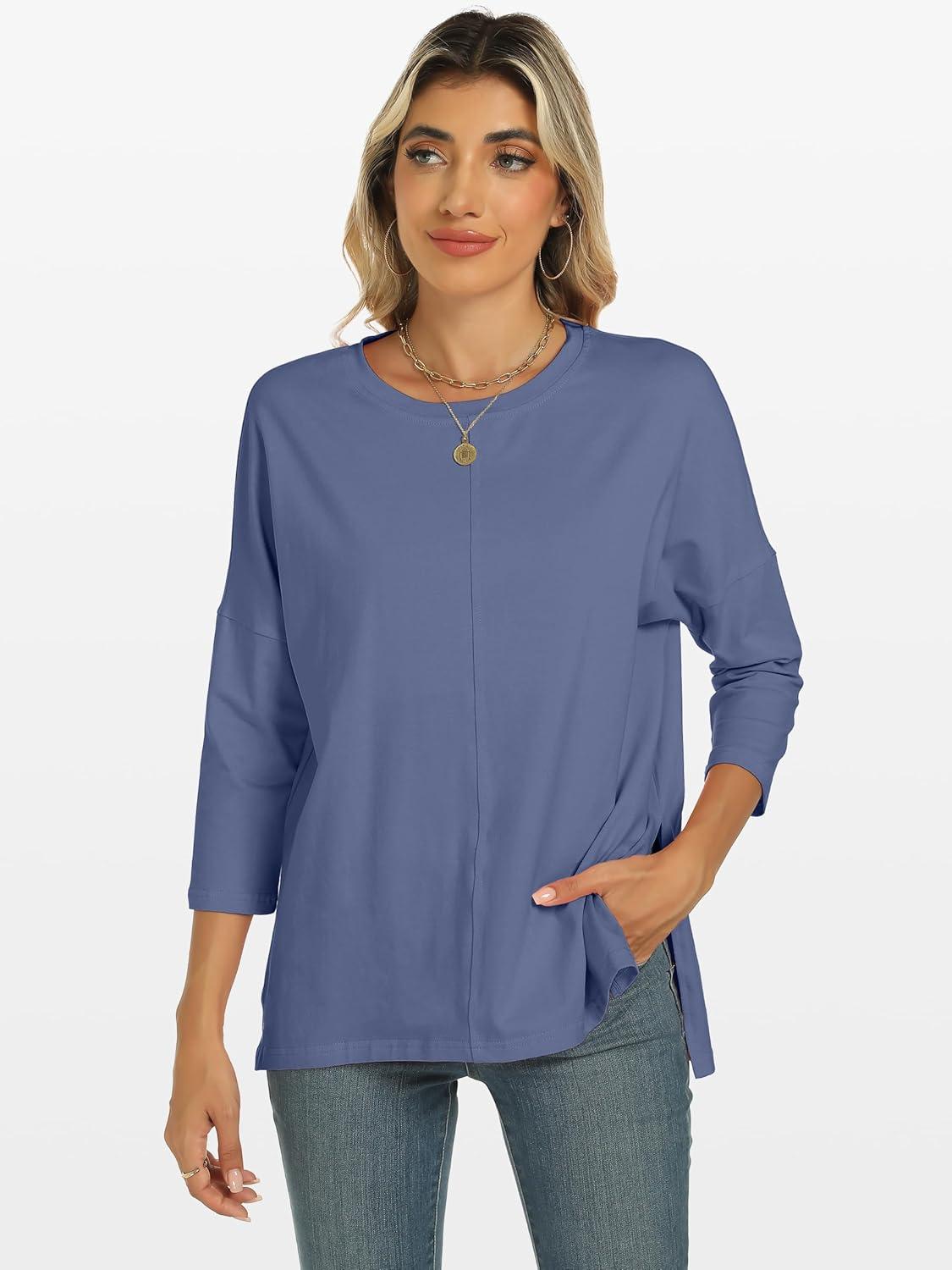imageANRABESS Womens 34 Length Sleeve Tops Loose Fit Tunic Shirts Oversized Spring Summer Casual Crew Neck Basic Boxy TeeDark Blue