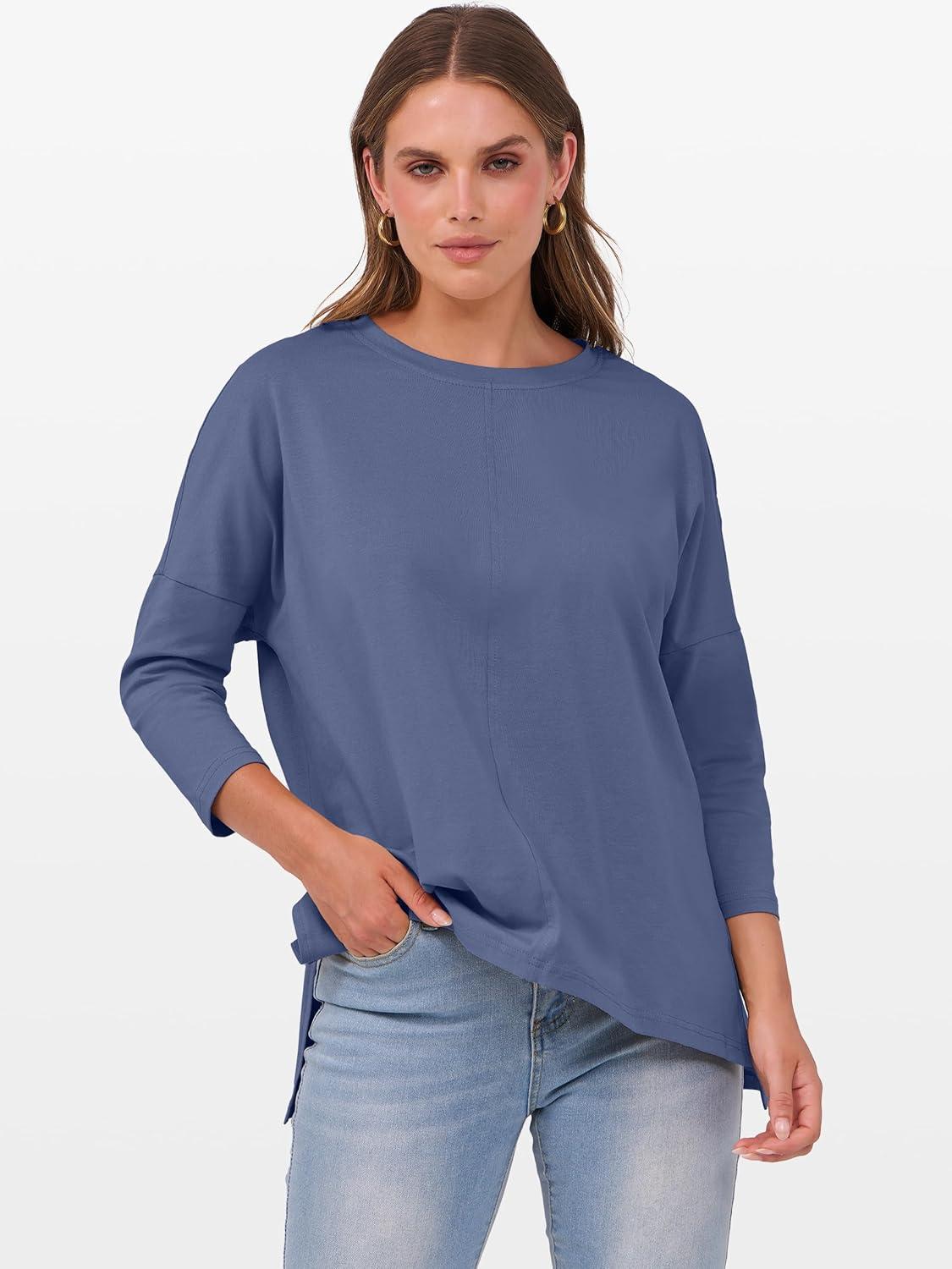 imageANRABESS Womens 34 Length Sleeve Tops Loose Fit Tunic Shirts Oversized Spring Summer Casual Crew Neck Basic Boxy TeeDark Blue