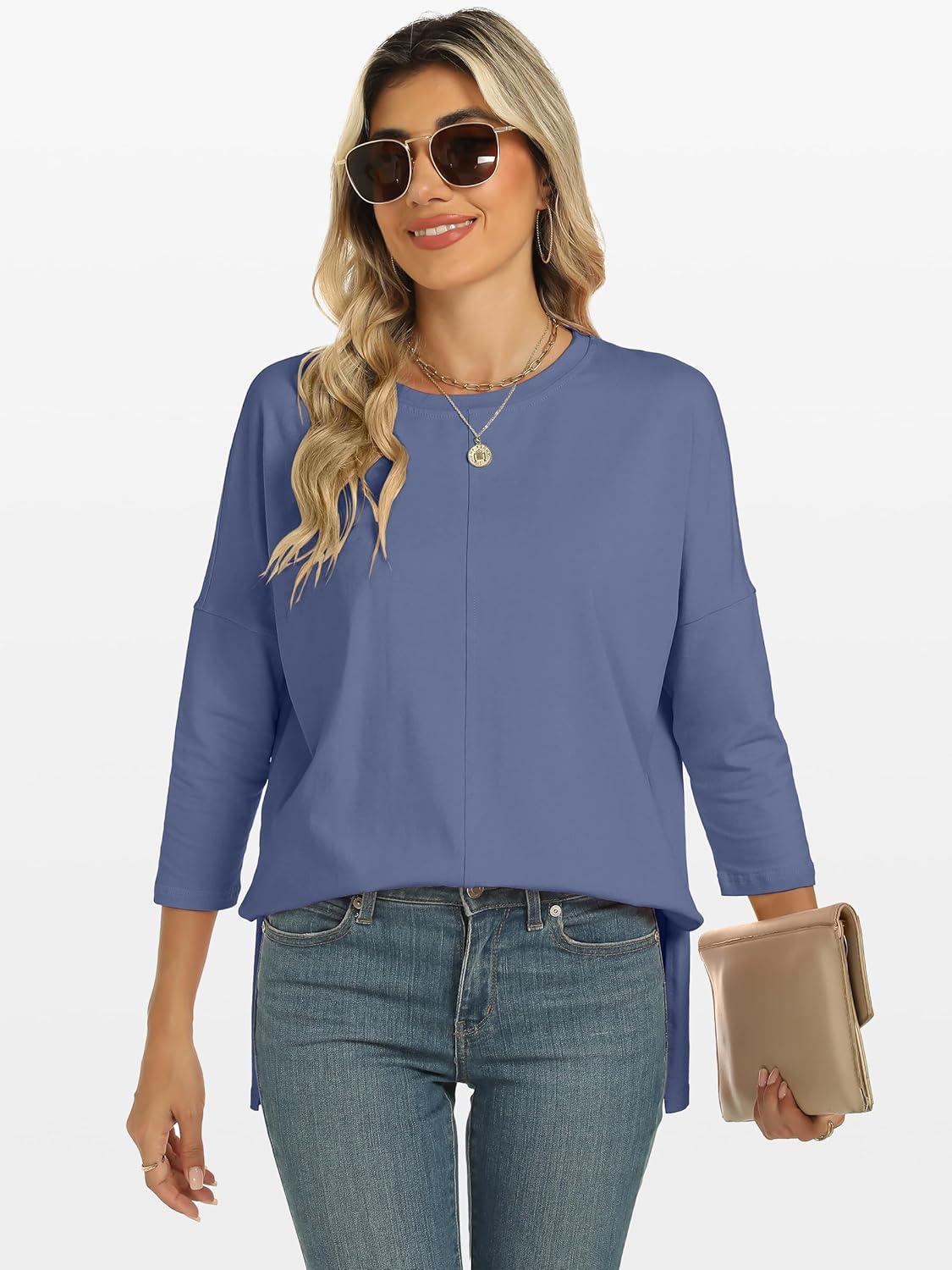 imageANRABESS Womens 34 Length Sleeve Tops Loose Fit Tunic Shirts Oversized Spring Summer Casual Crew Neck Basic Boxy TeeDark Blue