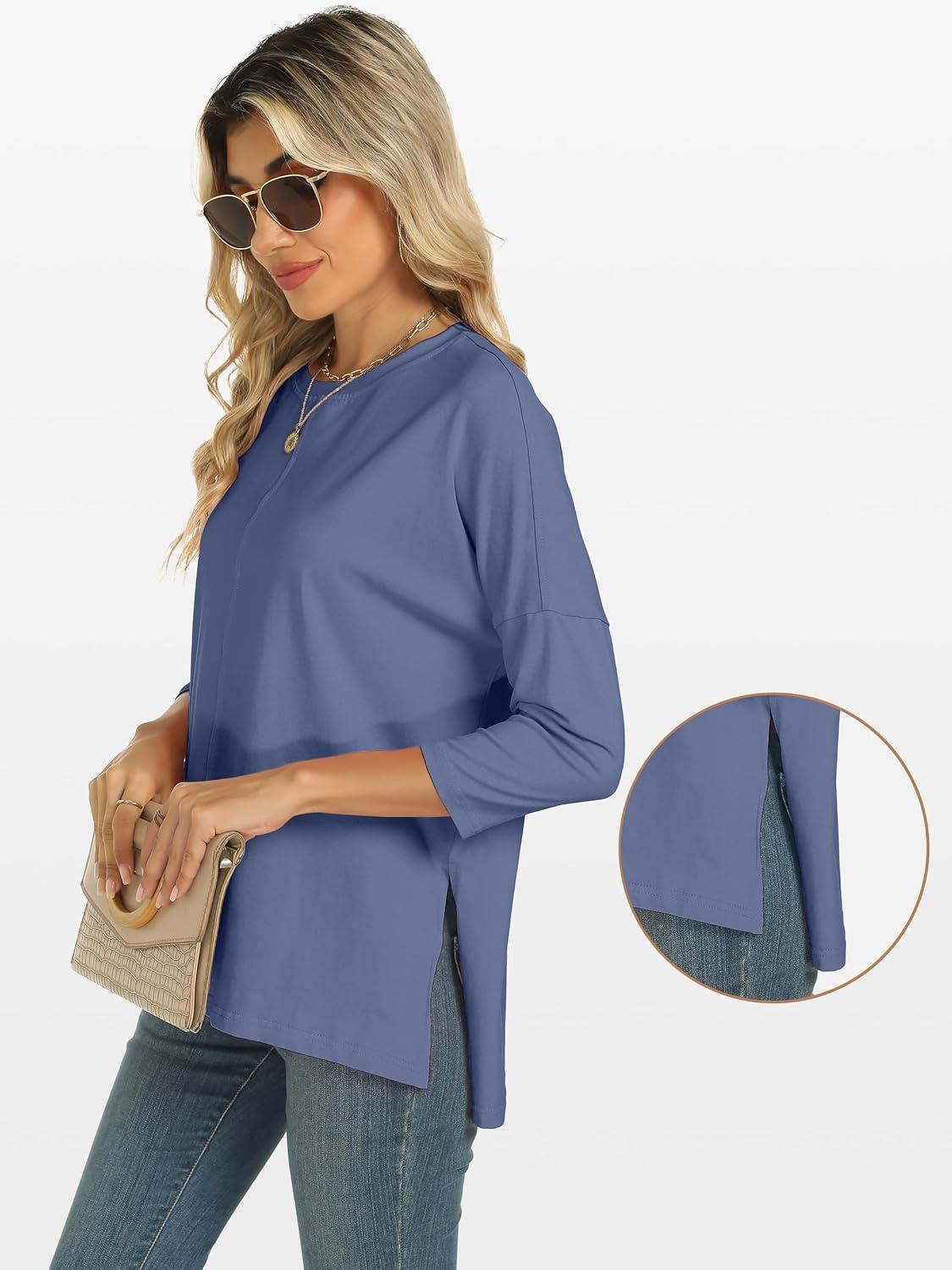 imageANRABESS Womens 34 Length Sleeve Tops Loose Fit Tunic Shirts Oversized Spring Summer Casual Crew Neck Basic Boxy TeeDark Blue