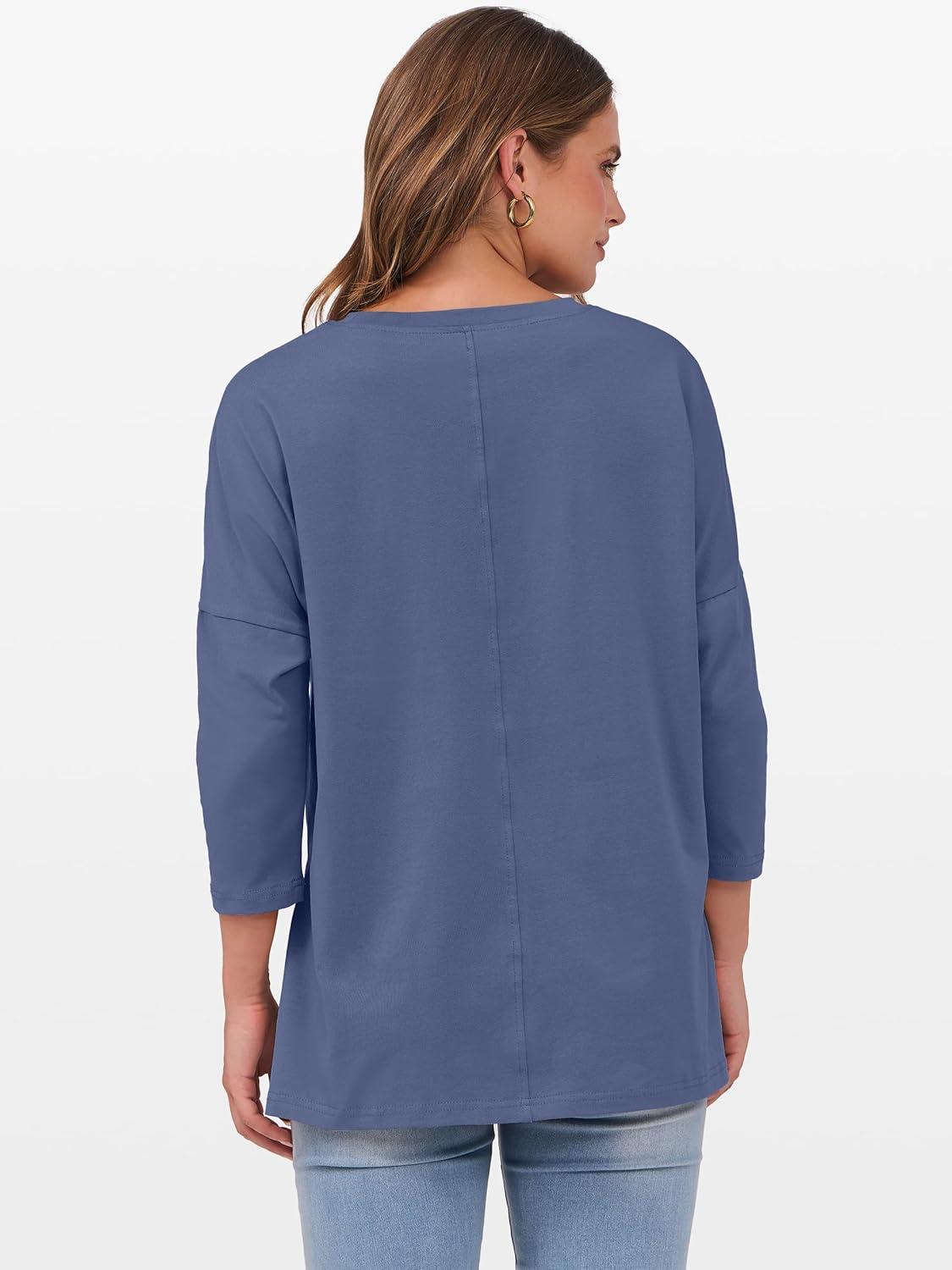 imageANRABESS Womens 34 Length Sleeve Tops Loose Fit Tunic Shirts Oversized Spring Summer Casual Crew Neck Basic Boxy TeeDark Blue