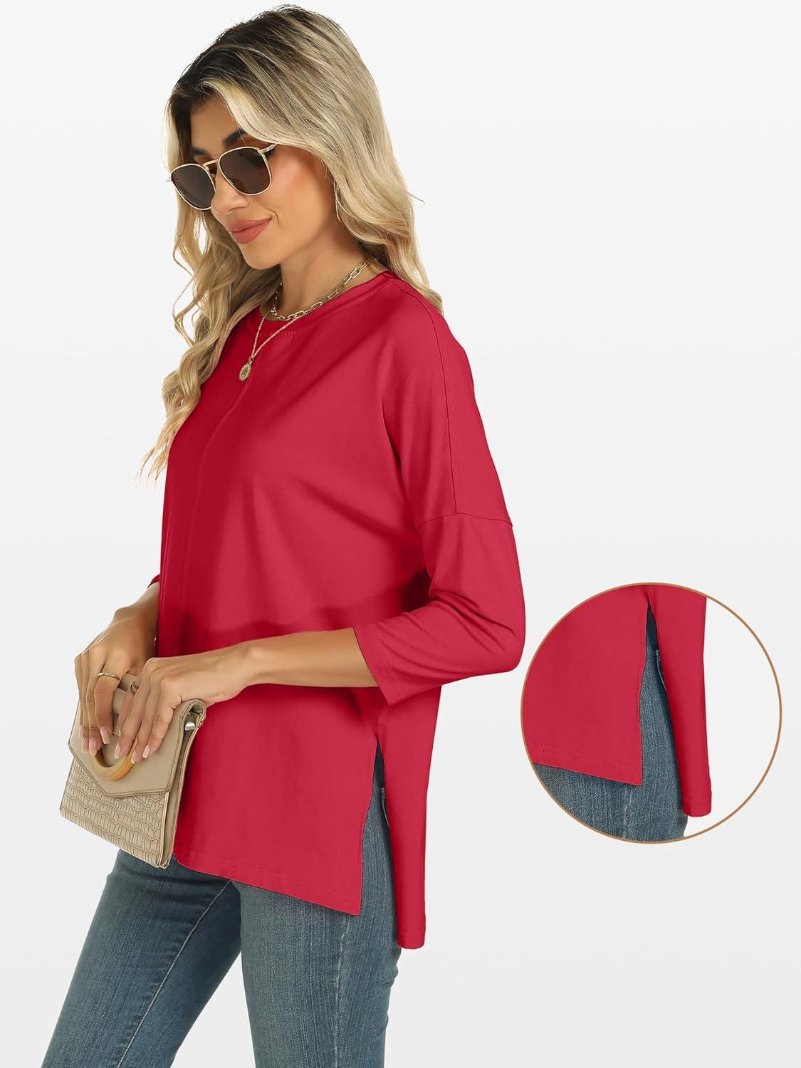 imageANRABESS Womens 34 Length Sleeve Tops Loose Fit Tunic Shirts Oversized Spring Summer Casual Crew Neck Basic Boxy TeeRed