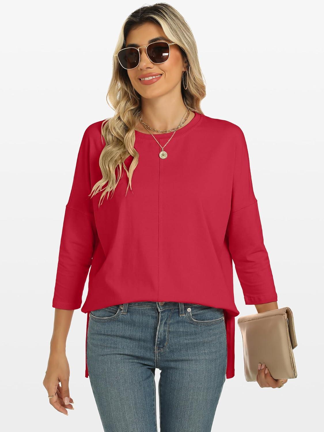 imageANRABESS Womens 34 Length Sleeve Tops Loose Fit Tunic Shirts Oversized Spring Summer Casual Crew Neck Basic Boxy TeeRed