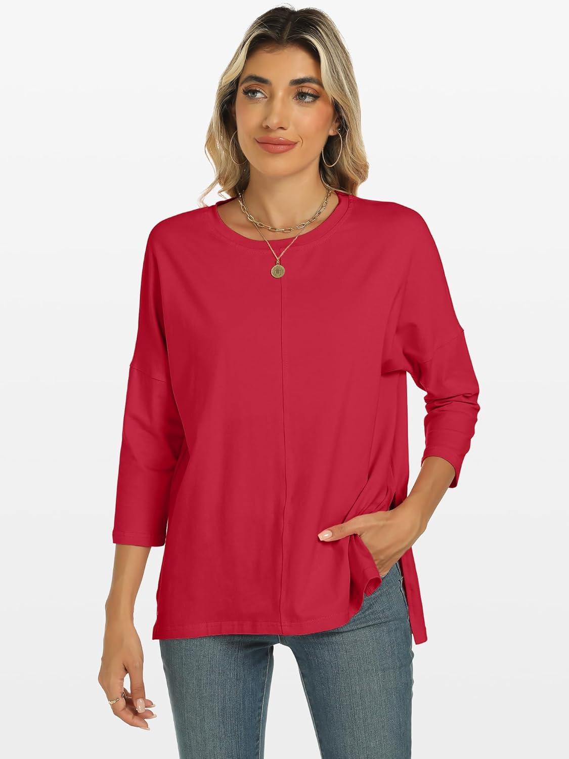 imageANRABESS Womens 34 Length Sleeve Tops Loose Fit Tunic Shirts Oversized Spring Summer Casual Crew Neck Basic Boxy TeeRed