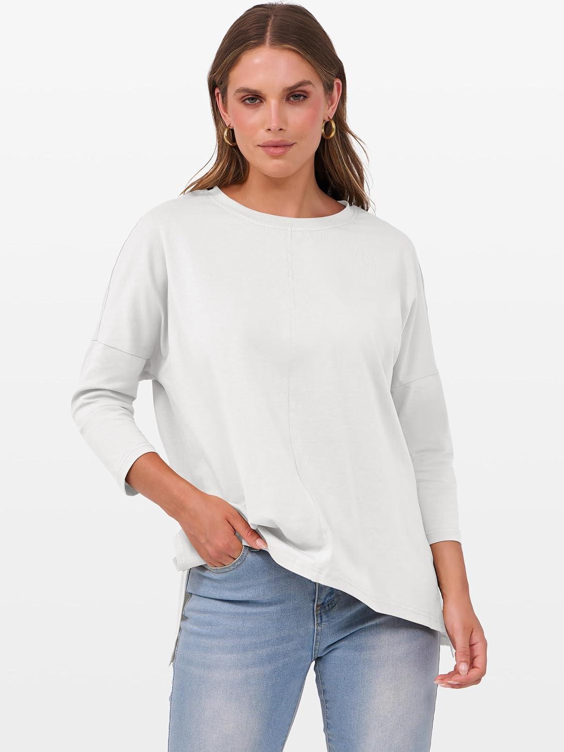 imageANRABESS Womens 34 Length Sleeve Tops Loose Fit Tunic Shirts Oversized Spring Summer Casual Crew Neck Basic Boxy TeeWhite