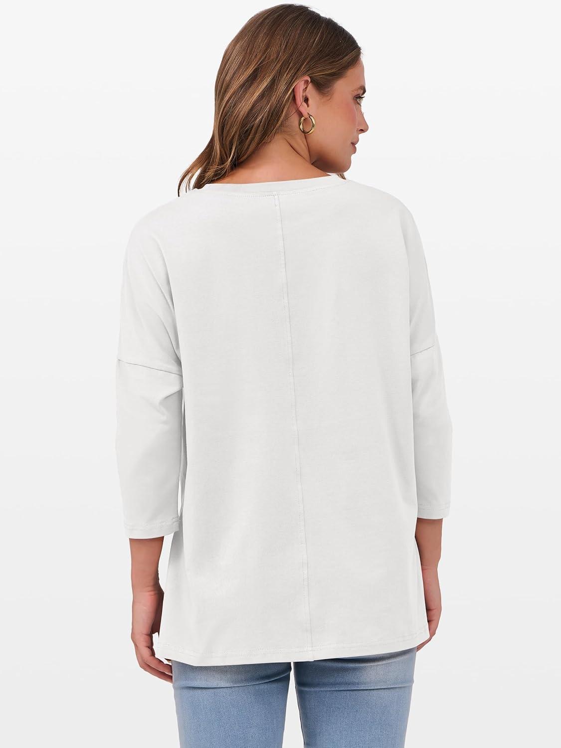 imageANRABESS Womens 34 Length Sleeve Tops Loose Fit Tunic Shirts Oversized Spring Summer Casual Crew Neck Basic Boxy TeeWhite