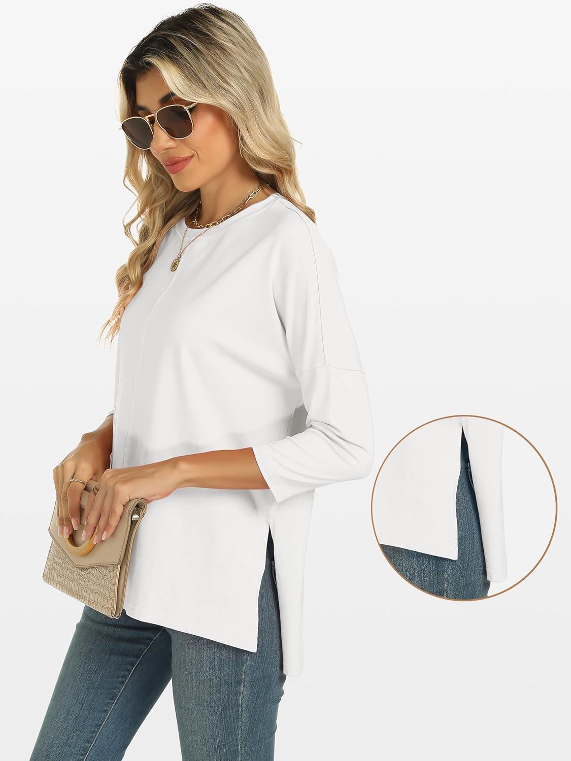imageANRABESS Womens 34 Length Sleeve Tops Loose Fit Tunic Shirts Oversized Spring Summer Casual Crew Neck Basic Boxy TeeWhite