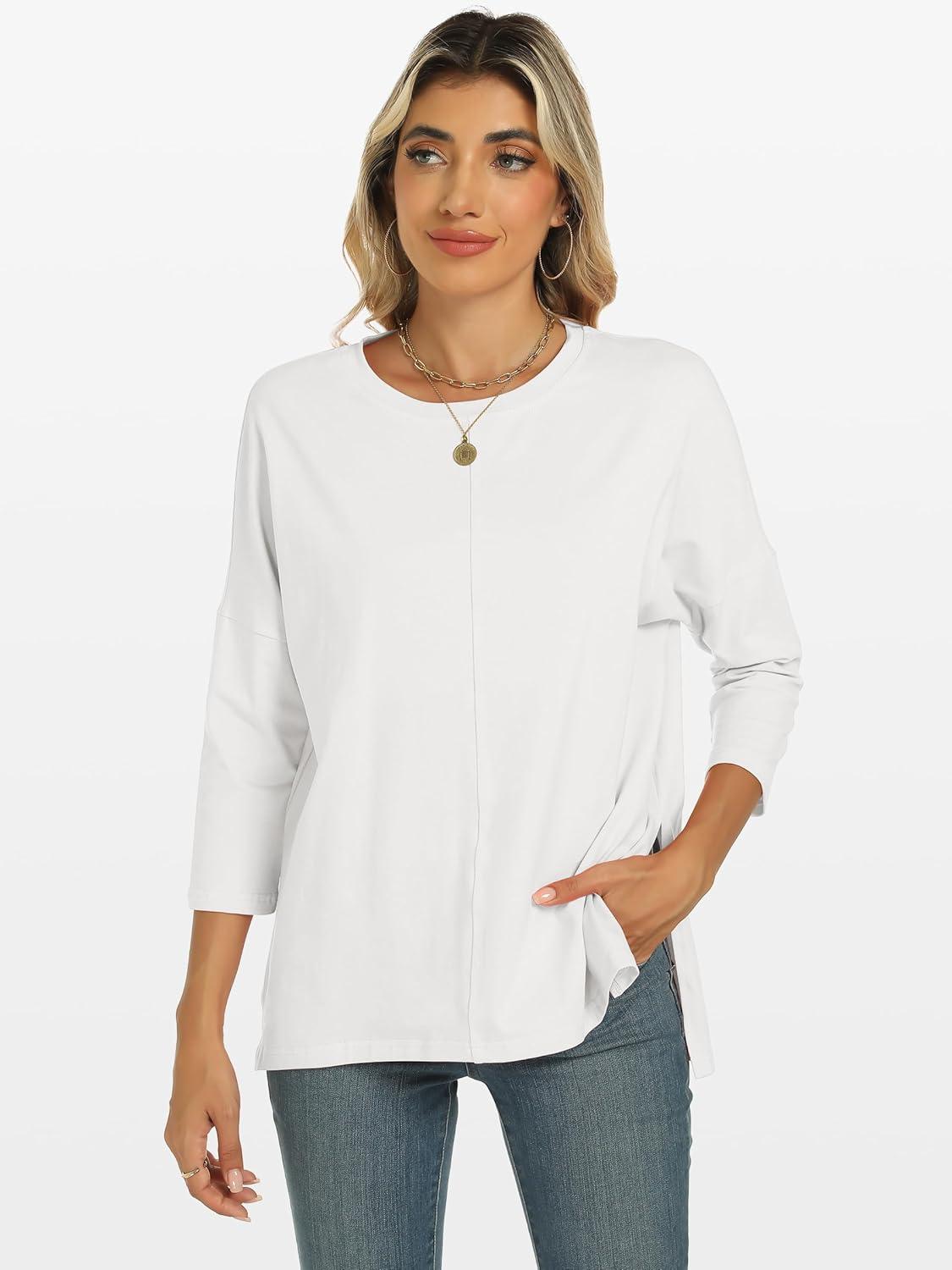 imageANRABESS Womens 34 Length Sleeve Tops Loose Fit Tunic Shirts Oversized Spring Summer Casual Crew Neck Basic Boxy TeeWhite