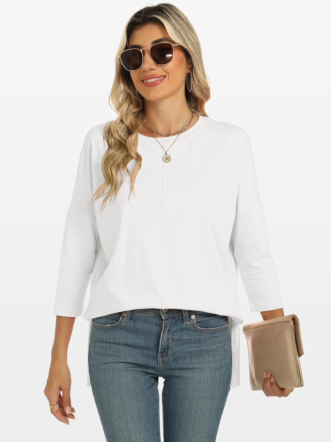 imageANRABESS Womens 34 Length Sleeve Tops Loose Fit Tunic Shirts Oversized Spring Summer Casual Crew Neck Basic Boxy TeeWhite