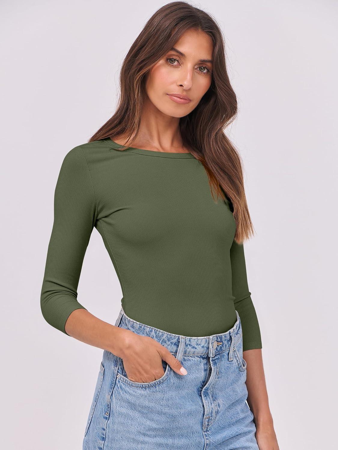 imageANRABESS Womens 34 Long Sleeve Tops Ribbed Knit Slim Fitted Shirts Basic Tee Fall Outfits 2025 Fashion Y2K ClothesArmy Green