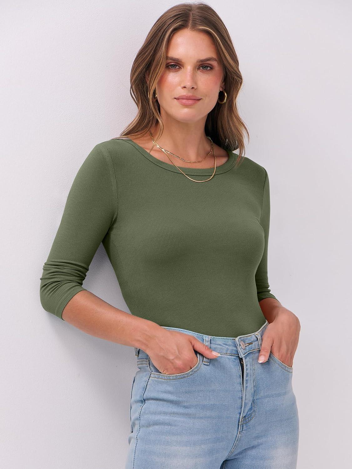 imageANRABESS Womens 34 Long Sleeve Tops Ribbed Knit Slim Fitted Shirts Basic Tee Fall Outfits 2025 Fashion Y2K ClothesArmy Green