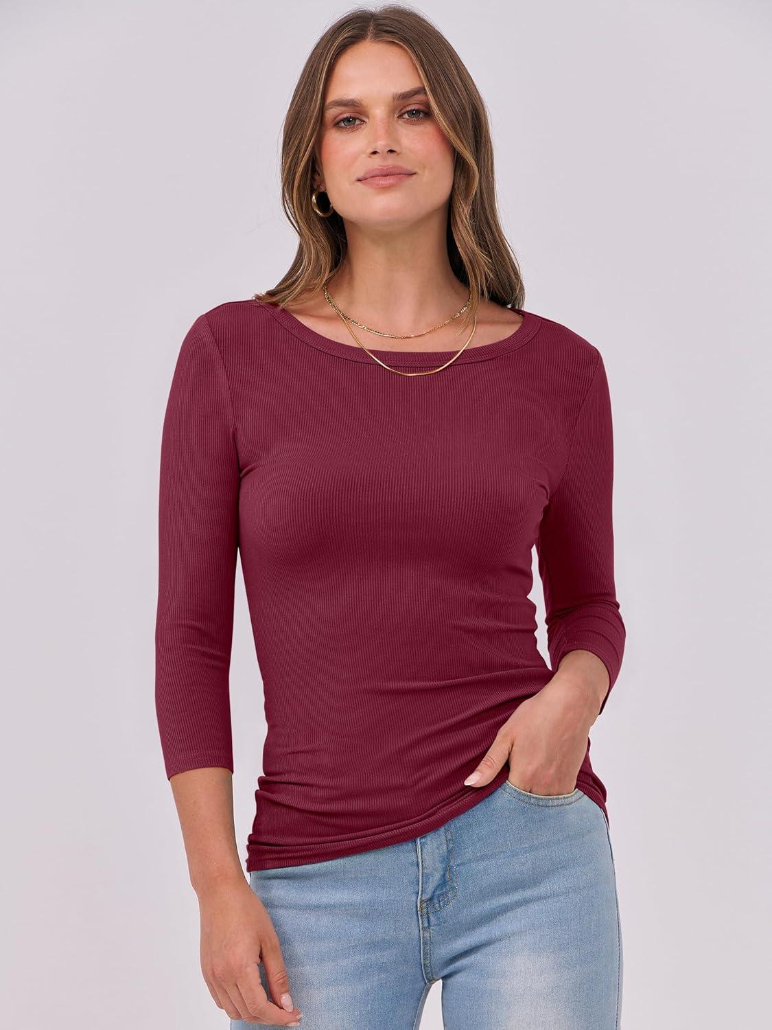 imageANRABESS Womens 34 Long Sleeve Tops Ribbed Knit Slim Fitted Shirts Basic Tee Fall Outfits 2025 Fashion Y2K ClothesBurgundy