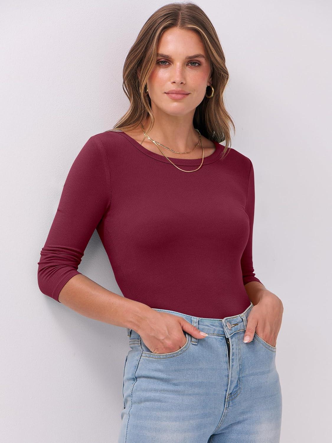 imageANRABESS Womens 34 Long Sleeve Tops Ribbed Knit Slim Fitted Shirts Basic Tee Fall Outfits 2025 Fashion Y2K ClothesBurgundy