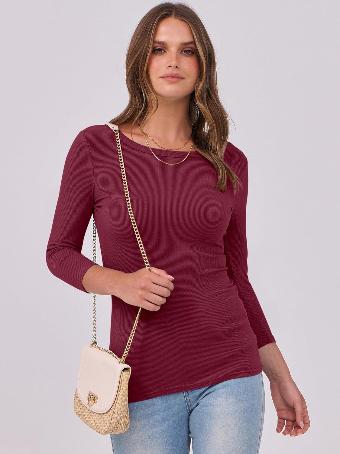 imageANRABESS Womens 34 Long Sleeve Tops Ribbed Knit Slim Fitted Shirts Basic Tee Fall Outfits 2025 Fashion Y2K ClothesBurgundy