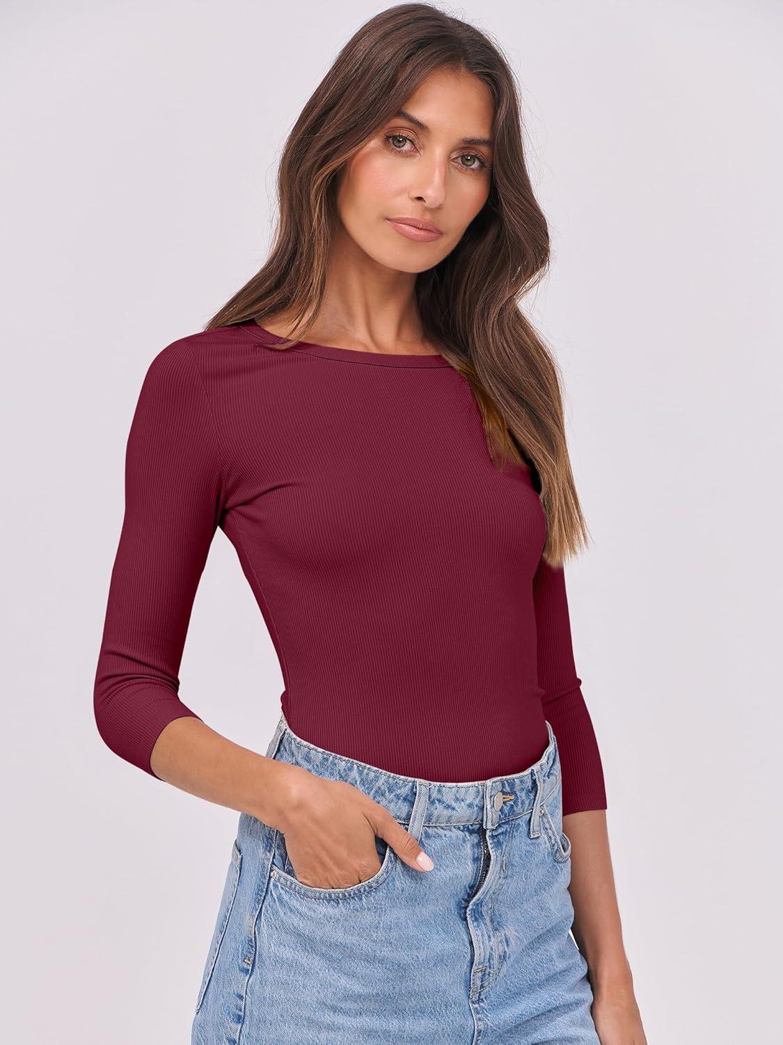 imageANRABESS Womens 34 Long Sleeve Tops Ribbed Knit Slim Fitted Shirts Basic Tee Fall Outfits 2025 Fashion Y2K ClothesBurgundy