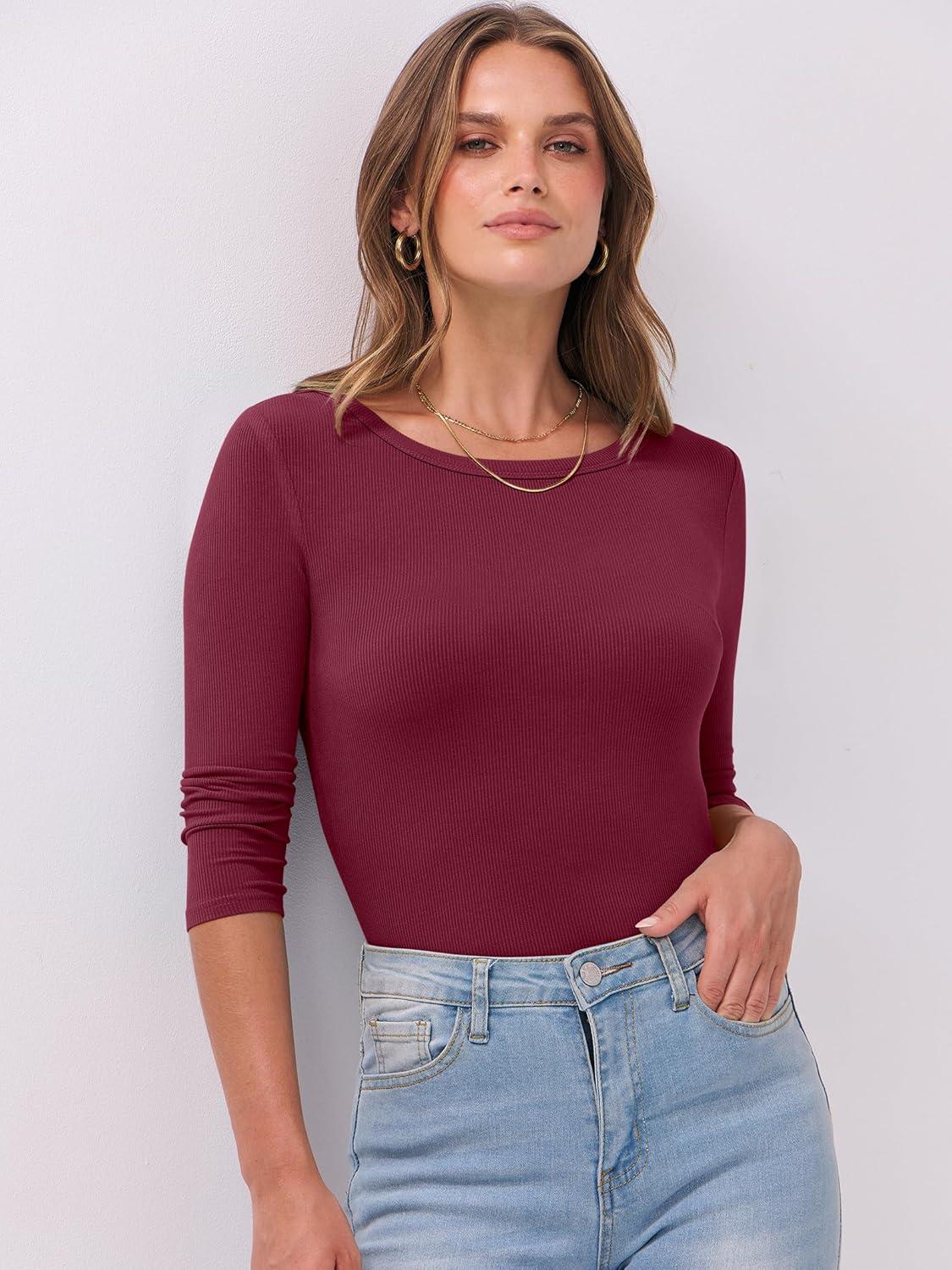 imageANRABESS Womens 34 Long Sleeve Tops Ribbed Knit Slim Fitted Shirts Basic Tee Fall Outfits 2025 Fashion Y2K ClothesBurgundy