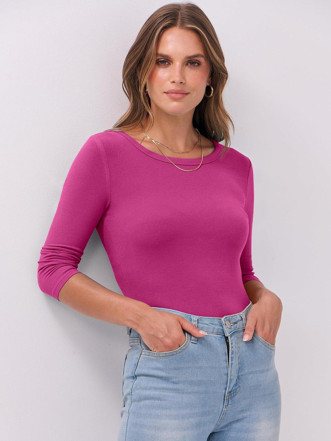 imageANRABESS Womens 34 Long Sleeve Tops Ribbed Knit Slim Fitted Shirts Basic Tee Fall Outfits 2025 Fashion Y2K ClothesHot Pink