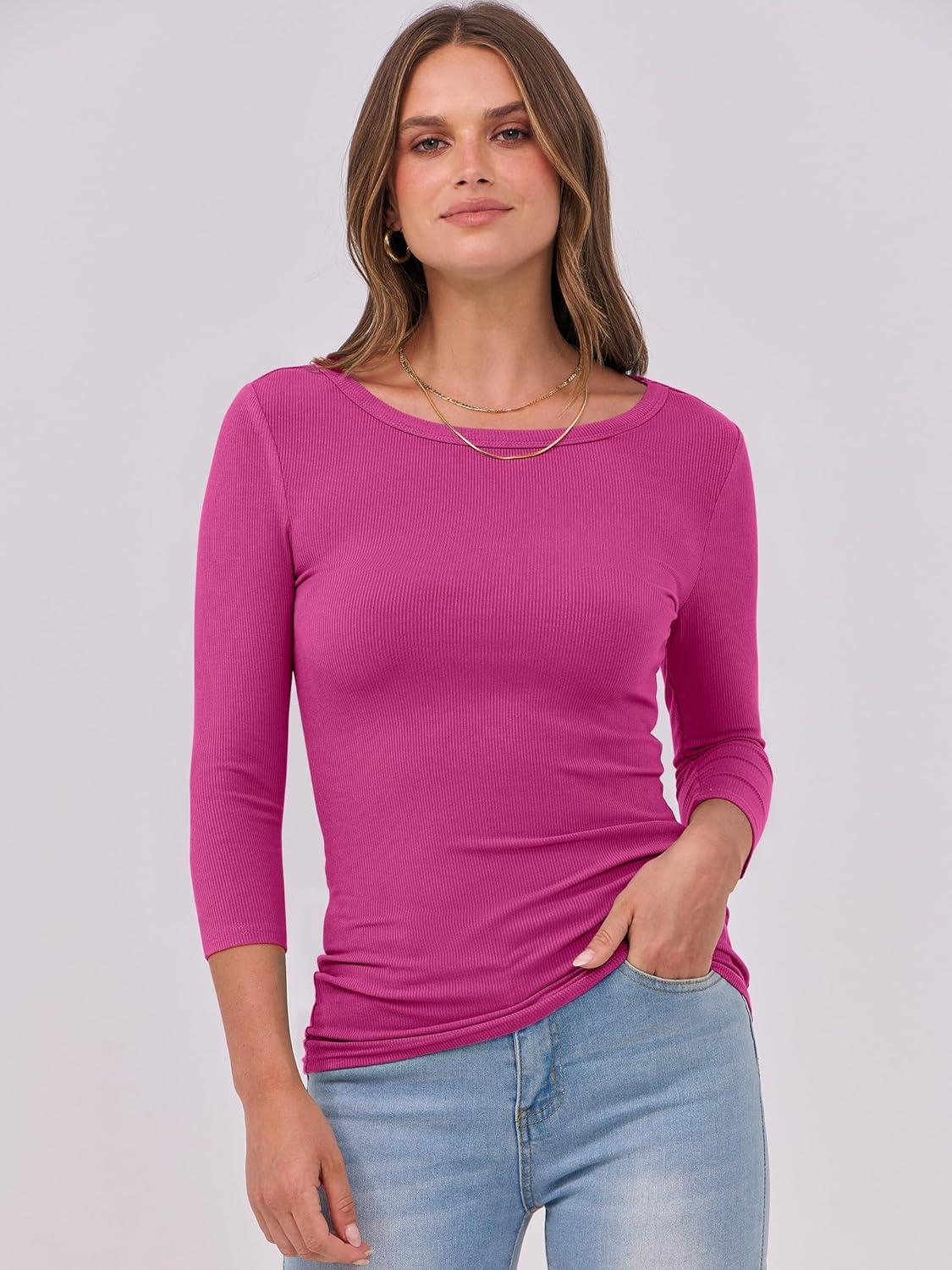 imageANRABESS Womens 34 Long Sleeve Tops Ribbed Knit Slim Fitted Shirts Basic Tee Fall Outfits 2025 Fashion Y2K ClothesHot Pink