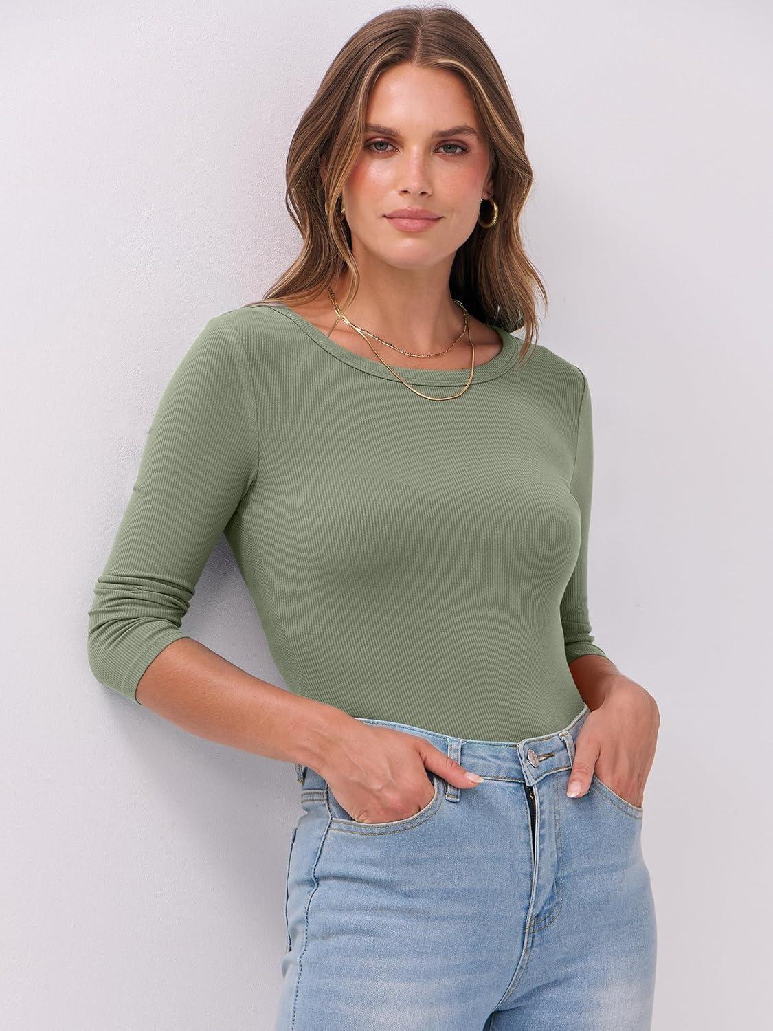 imageANRABESS Womens 34 Long Sleeve Tops Ribbed Knit Slim Fitted Shirts Basic Tee Fall Outfits 2025 Fashion Y2K ClothesSage Green