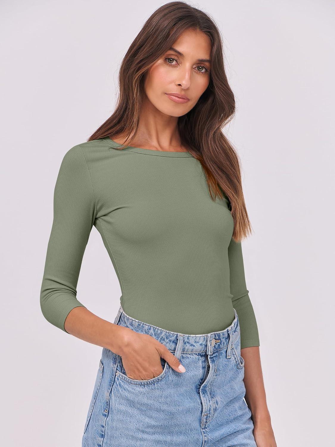 imageANRABESS Womens 34 Long Sleeve Tops Ribbed Knit Slim Fitted Shirts Basic Tee Fall Outfits 2025 Fashion Y2K ClothesSage Green