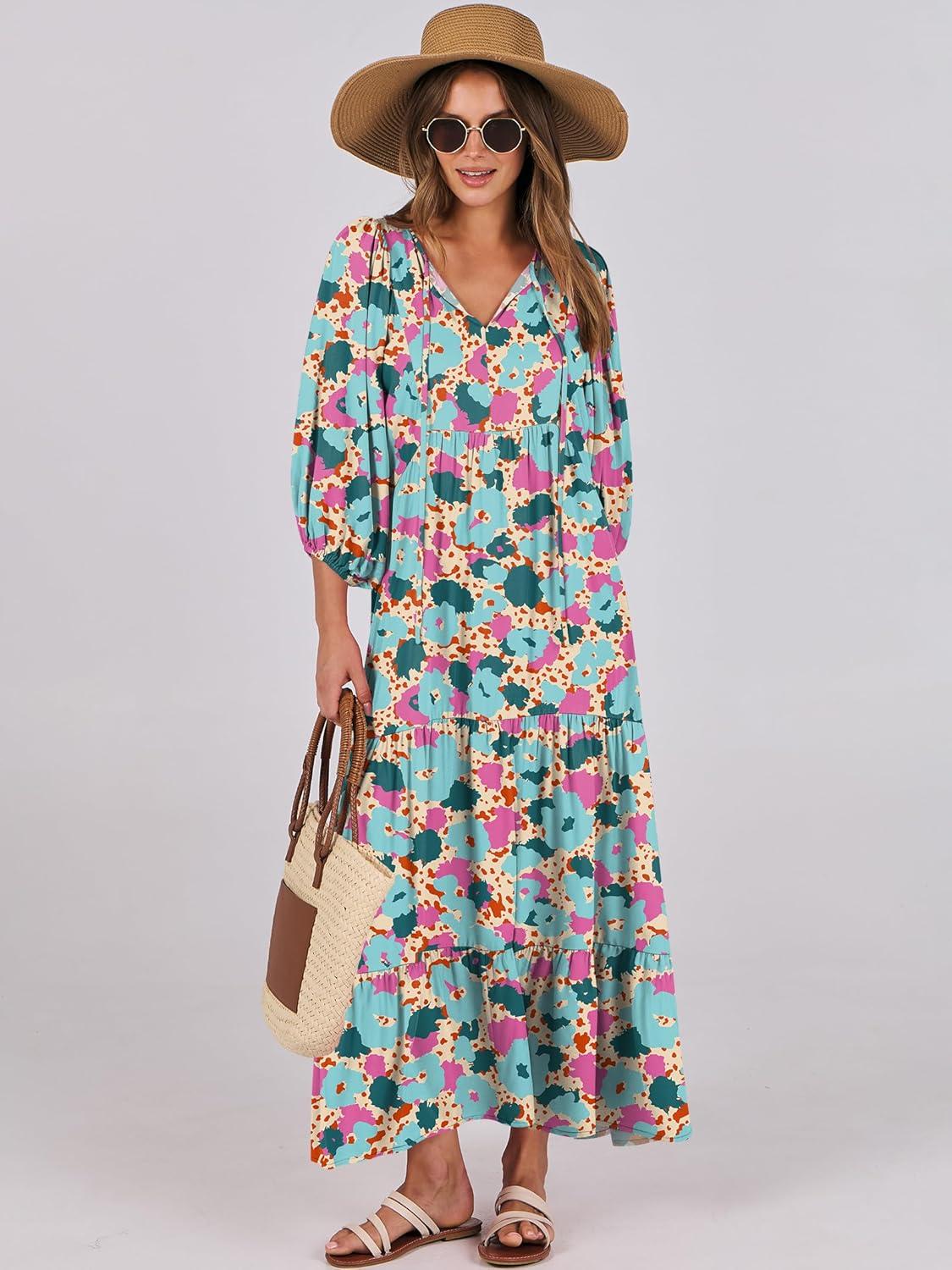 imageANRABESS Womens Boho Maxi Dresses 2025 Summer V Neck Puff Sleeve Floral Flowy Swing Fall Casual Long DressBeige Teal Floral