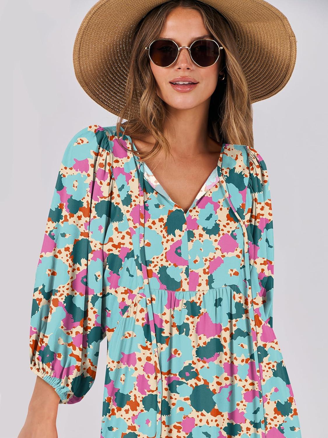 imageANRABESS Womens Boho Maxi Dresses 2025 Summer V Neck Puff Sleeve Floral Flowy Swing Fall Casual Long DressBeige Teal Floral