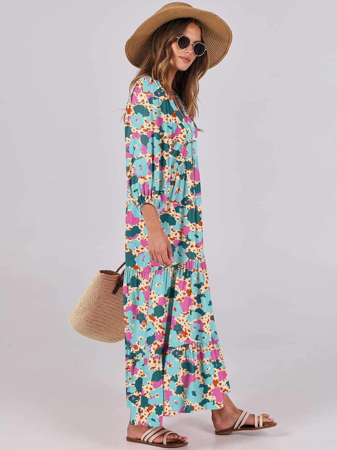 imageANRABESS Womens Boho Maxi Dresses 2025 Summer V Neck Puff Sleeve Floral Flowy Swing Fall Casual Long DressBeige Teal Floral
