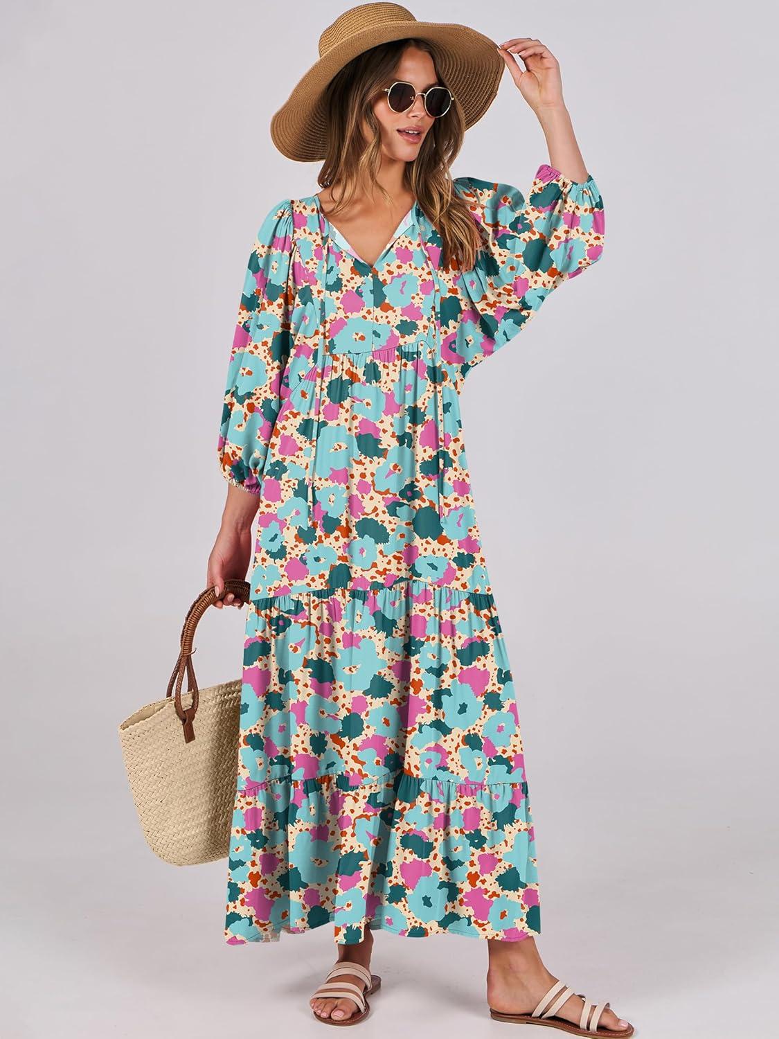 imageANRABESS Womens Boho Maxi Dresses 2025 Summer V Neck Puff Sleeve Floral Flowy Swing Fall Casual Long DressBeige Teal Floral