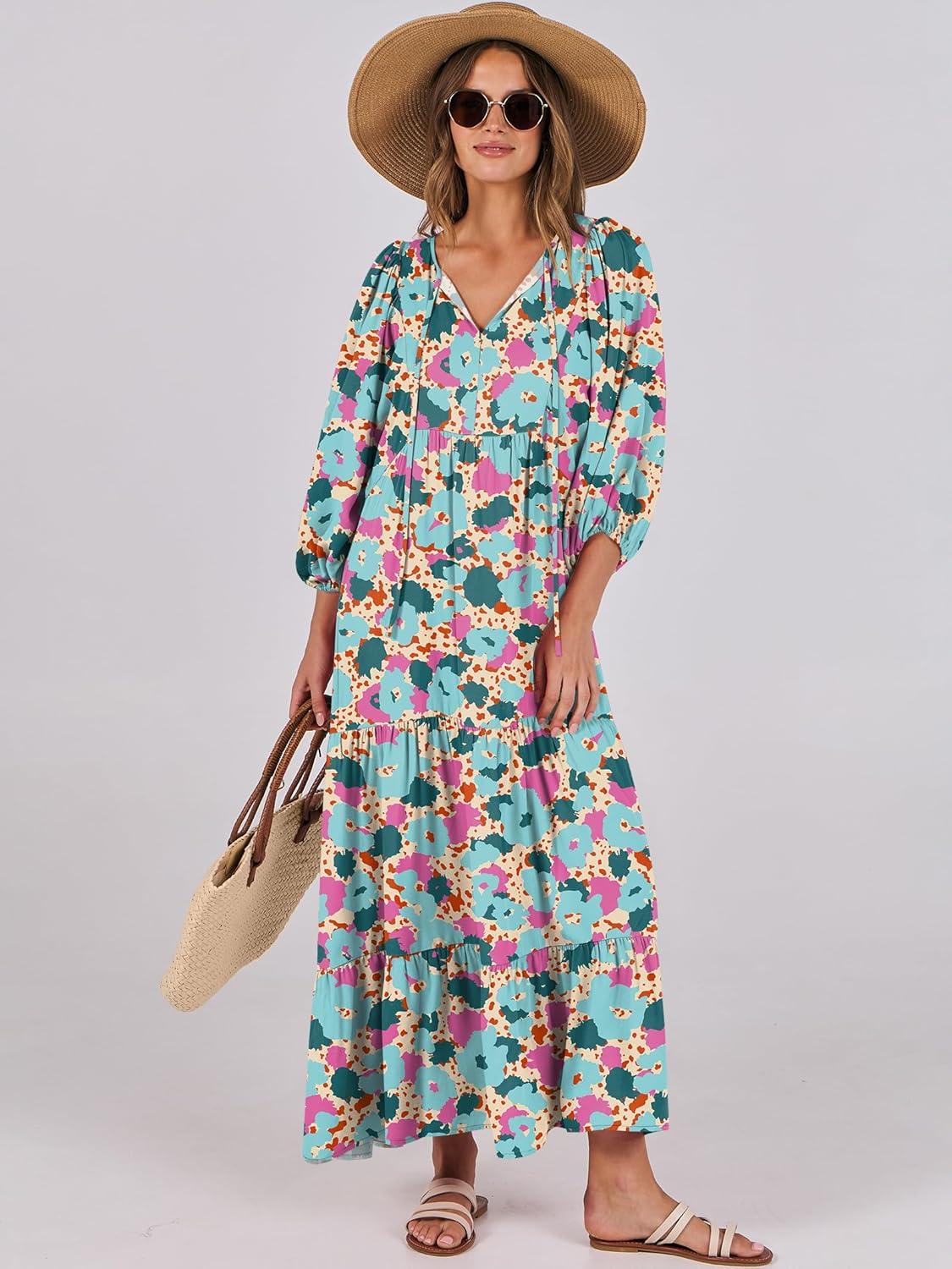 imageANRABESS Womens Boho Maxi Dresses 2025 Summer V Neck Puff Sleeve Floral Flowy Swing Fall Casual Long DressBeige Teal Floral