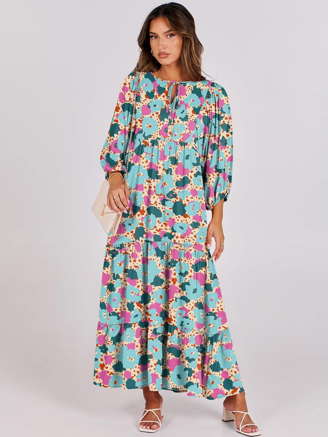 imageANRABESS Womens Boho Maxi Dresses 2025 Summer V Neck Puff Sleeve Floral Flowy Swing Fall Casual Long DressBeige Teal Floral