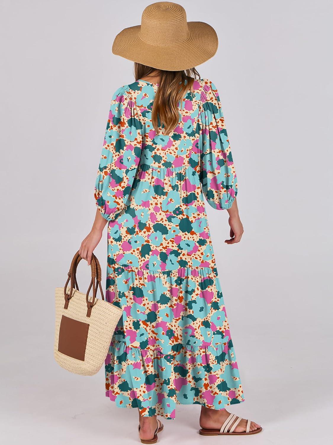 imageANRABESS Womens Boho Maxi Dresses 2025 Summer V Neck Puff Sleeve Floral Flowy Swing Fall Casual Long DressBeige Teal Floral
