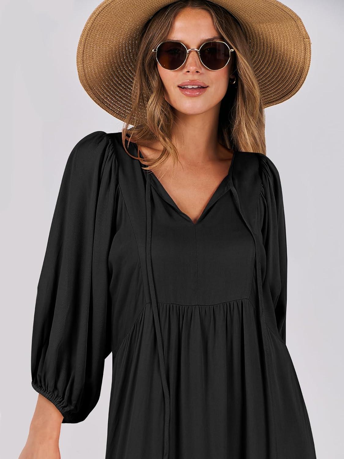 imageANRABESS Womens Boho Maxi Dresses 2025 Summer V Neck Puff Sleeve Floral Flowy Swing Fall Casual Long DressBlack