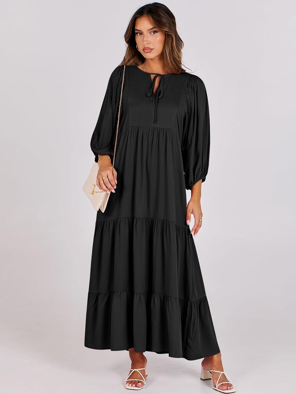 imageANRABESS Womens Boho Maxi Dresses 2025 Summer V Neck Puff Sleeve Floral Flowy Swing Fall Casual Long DressBlack