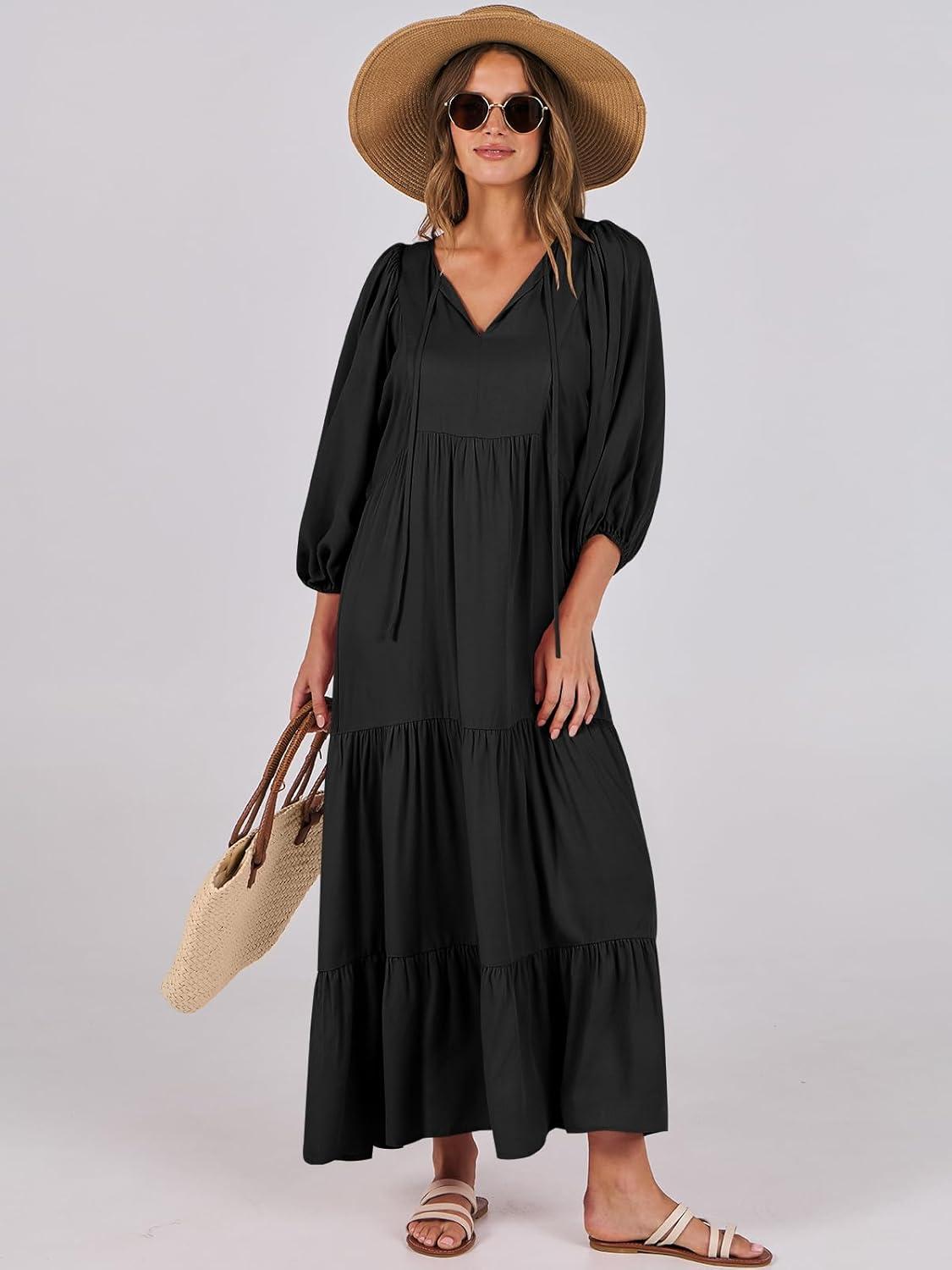 imageANRABESS Womens Boho Maxi Dresses 2025 Summer V Neck Puff Sleeve Floral Flowy Swing Fall Casual Long DressBlack