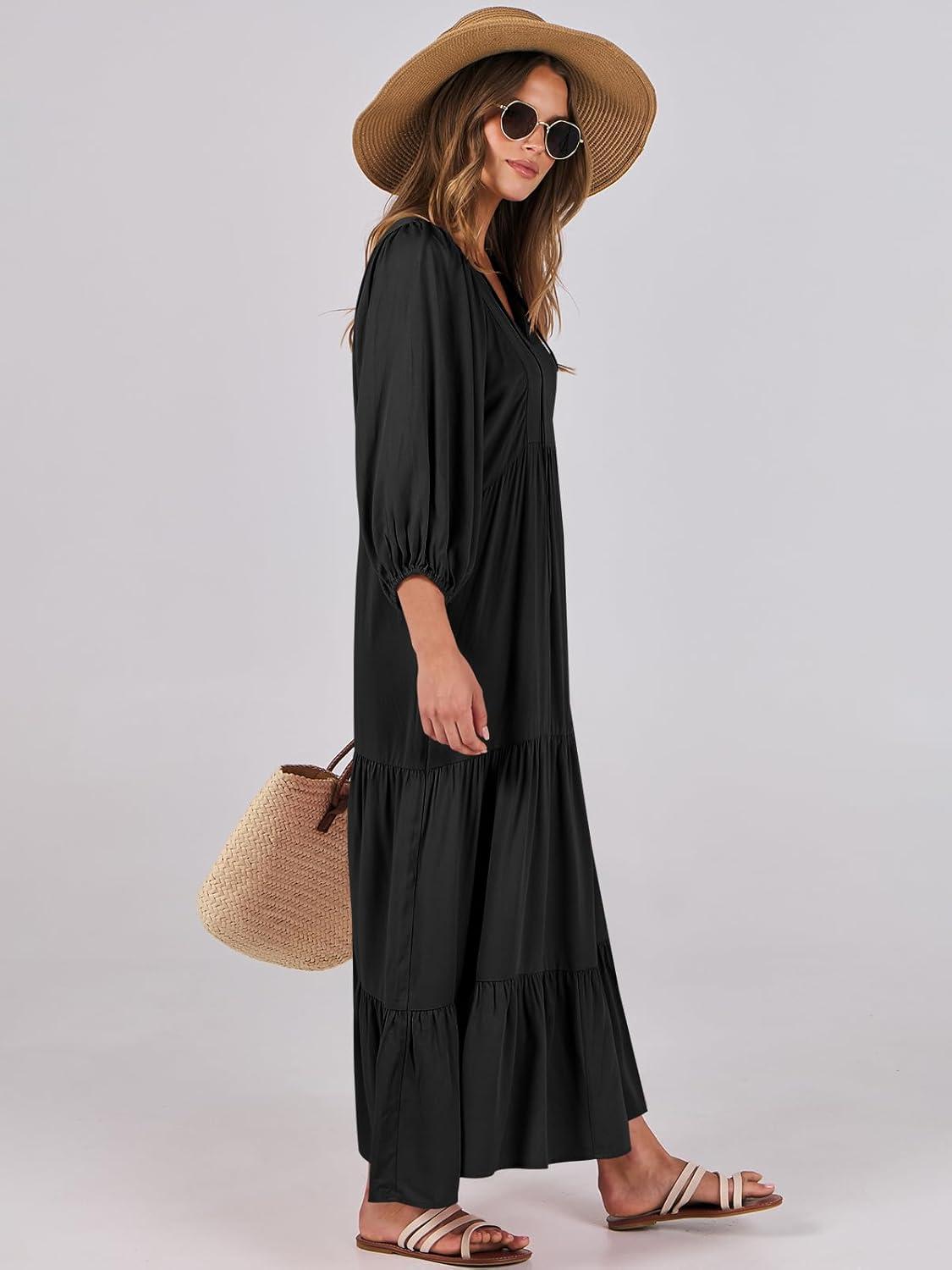 imageANRABESS Womens Boho Maxi Dresses 2025 Summer V Neck Puff Sleeve Floral Flowy Swing Fall Casual Long DressBlack