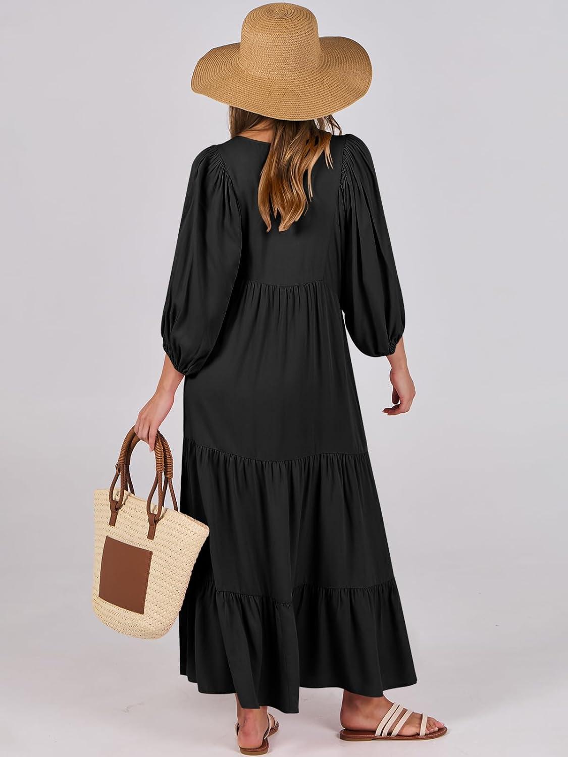 imageANRABESS Womens Boho Maxi Dresses 2025 Summer V Neck Puff Sleeve Floral Flowy Swing Fall Casual Long DressBlack